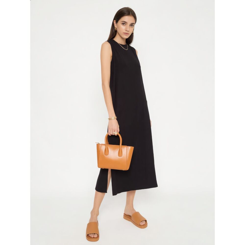 Vince Black Sleeveless Waist Tie Maxi Dress XS Pima Cotton Side Slit Crew Neck